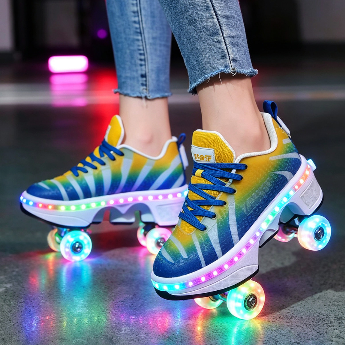 2026暴走鞋LED炫彩LED灯带一键收缩四轮青少年运动鞋 两穿溜冰鞋