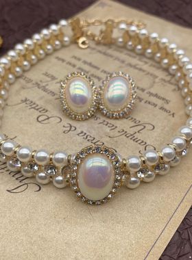 青岛饰品复古马贝珍珠项链耳钉耳夹赫本风优雅旗袍颈链锁骨链套装