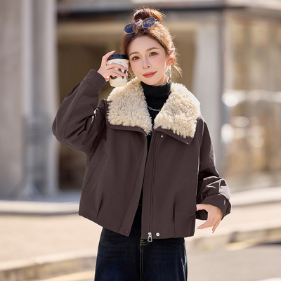 加绒加厚外套女2025冬新款洋气减龄百搭仿羊羔毛翻领派克服W5908