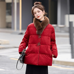 女式羽绒服2025冬季新款女装新中式90白鸭绒外套配狐狸毛领RS2868