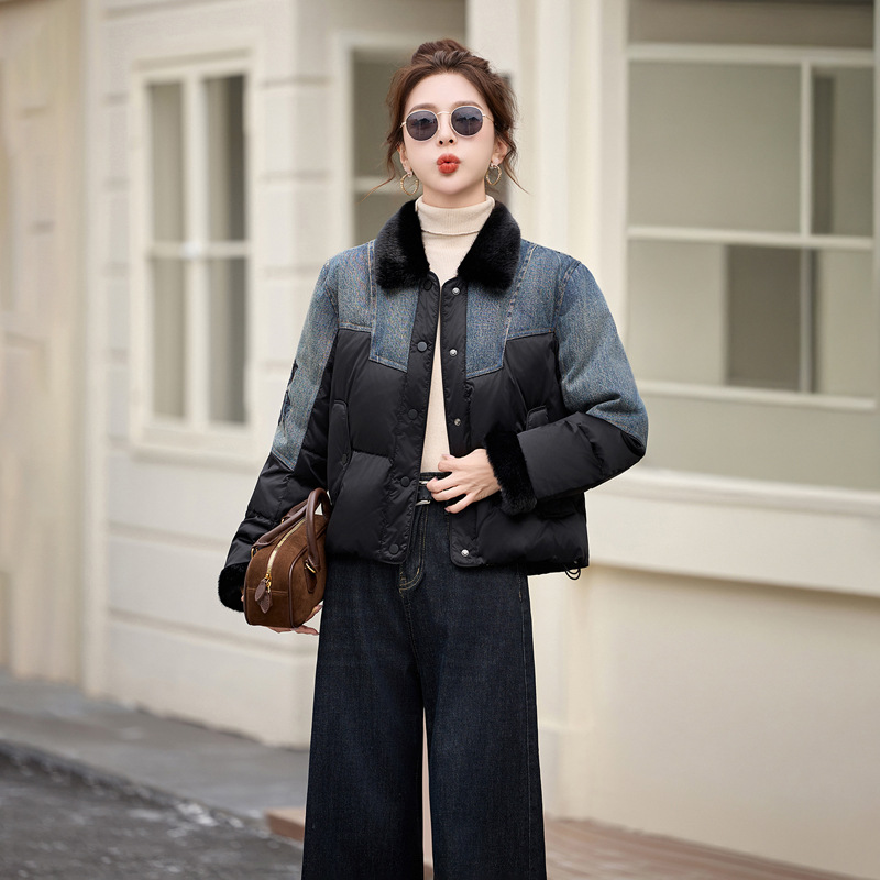 女式羽绒服2025新款设计感牛仔拼接冬季保暖时尚显瘦外套 YE6530