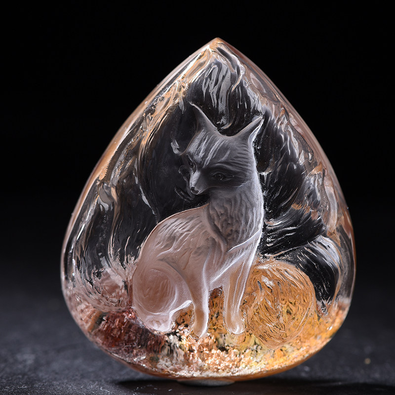 彩幽灵聚宝盆九尾狐 水滴天然水晶九尾狐男女款吊坠 招财护身牌