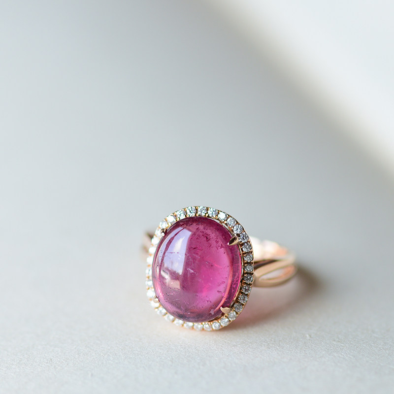 红碧玺素面18k玫瑰金钻石镶嵌 私人定制从选裸石到成品整个过程