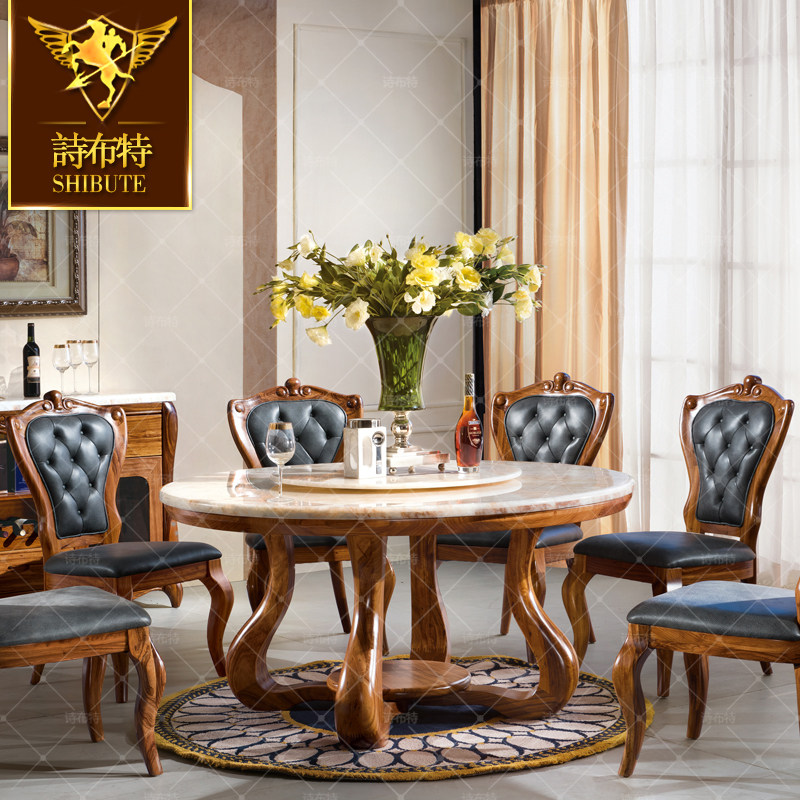诗布特非洲乌金木实木欧式圆餐桌 天然红龙玉大理石圆餐桌餐台