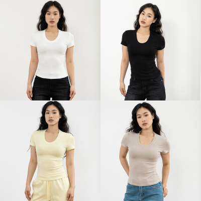 Ravehouse简约深u领显瘦肩宽大骨架柔软舒适修身上衣短袖T恤