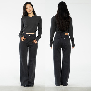 Ravehouse微喇叭显瘦腰细胯宽梨形“超模”黑灰洗水牛仔裤长裤