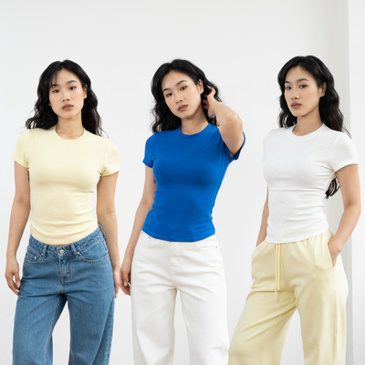 Ravehouse简约基础百搭黄色蓝色竹节柔软肌肤修身t短袖上衣夏季