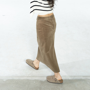 Ravehouse深卡其色复古秋冬氛围感灯芯绒梨形显瘦直筒半裙长裙