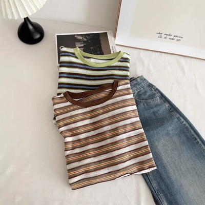 你好k撞色条纹短袖t恤女春夏2026新款宽松显瘦小个子圆领上衣7120