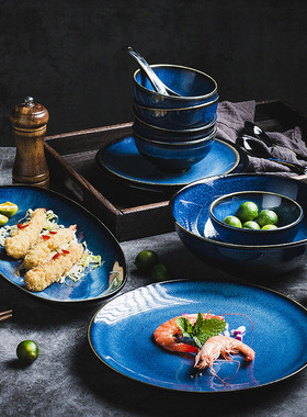 日式蓝色窑变陶瓷餐具 美式复古家用碗碟套装米饭碗菜盘餐厅餐盘