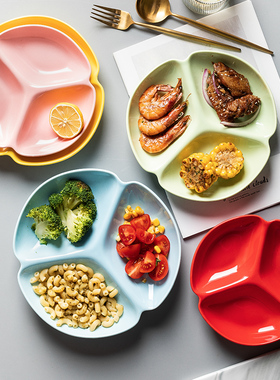 陶瓷分格餐盘一人食定量减脂餐盘三格儿童分餐盘圆形快餐盘干果盘