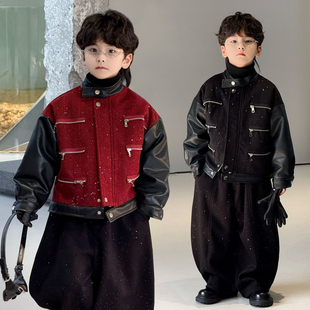 冬装男童痞帅套装潮酷男孩时髦机车皮衣外套帅气炸街加绒儿童夹克