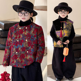 冬装男童新中式套装加绒厚男宝小少爷唐装儿童国风马甲男孩拜年服