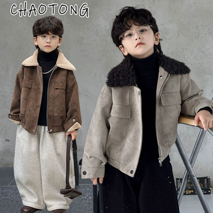 痞帅潮男童皮衣外套加绒秋冬韩范儿童帅气时髦套装 男孩加厚夹克衫