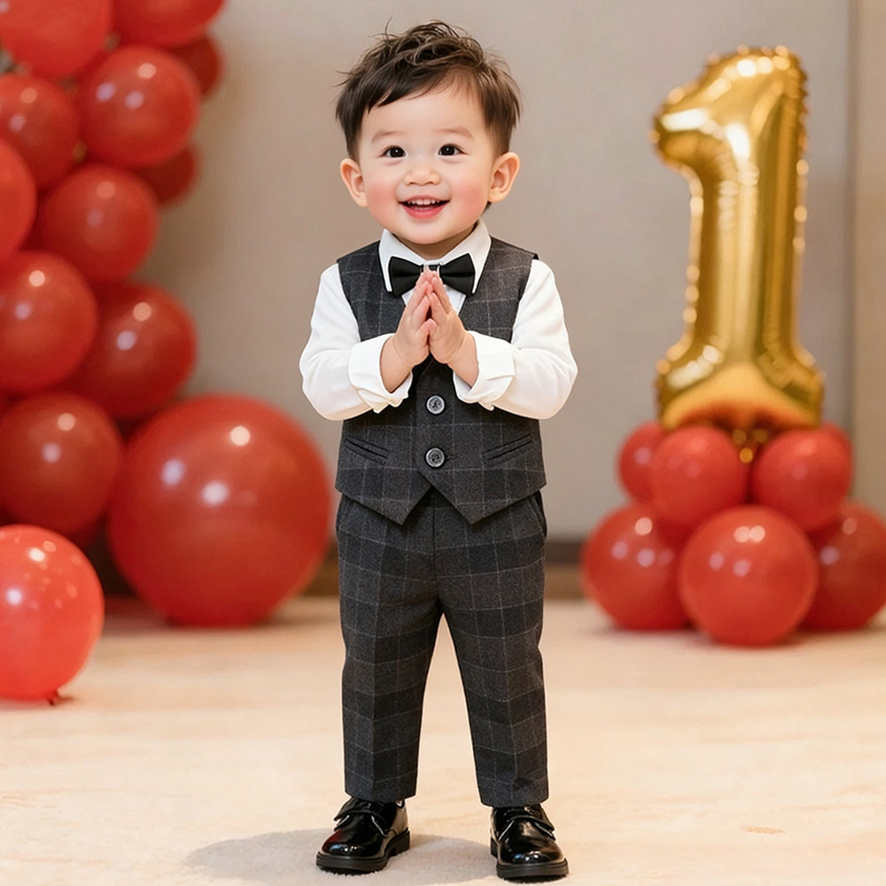 男童西装套装帅气时髦周岁男宝宝生日礼服男孩花童西服马甲三件套