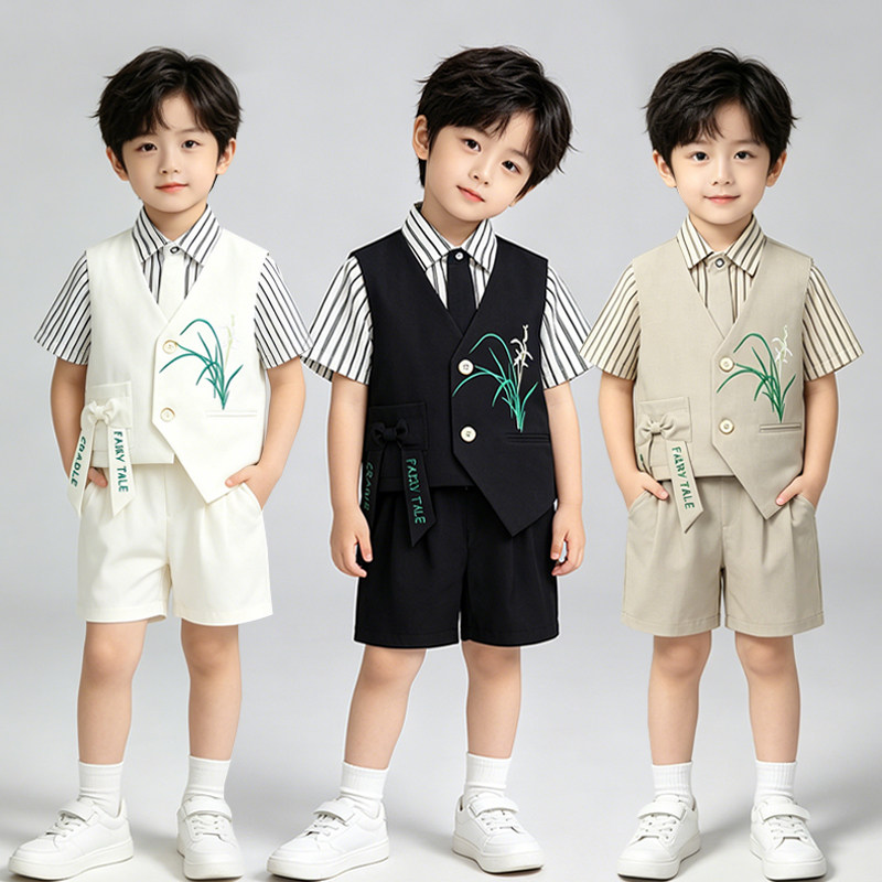 新中式男童小西装套装夏季国风刺绣马甲儿童主持人礼服男孩演出服