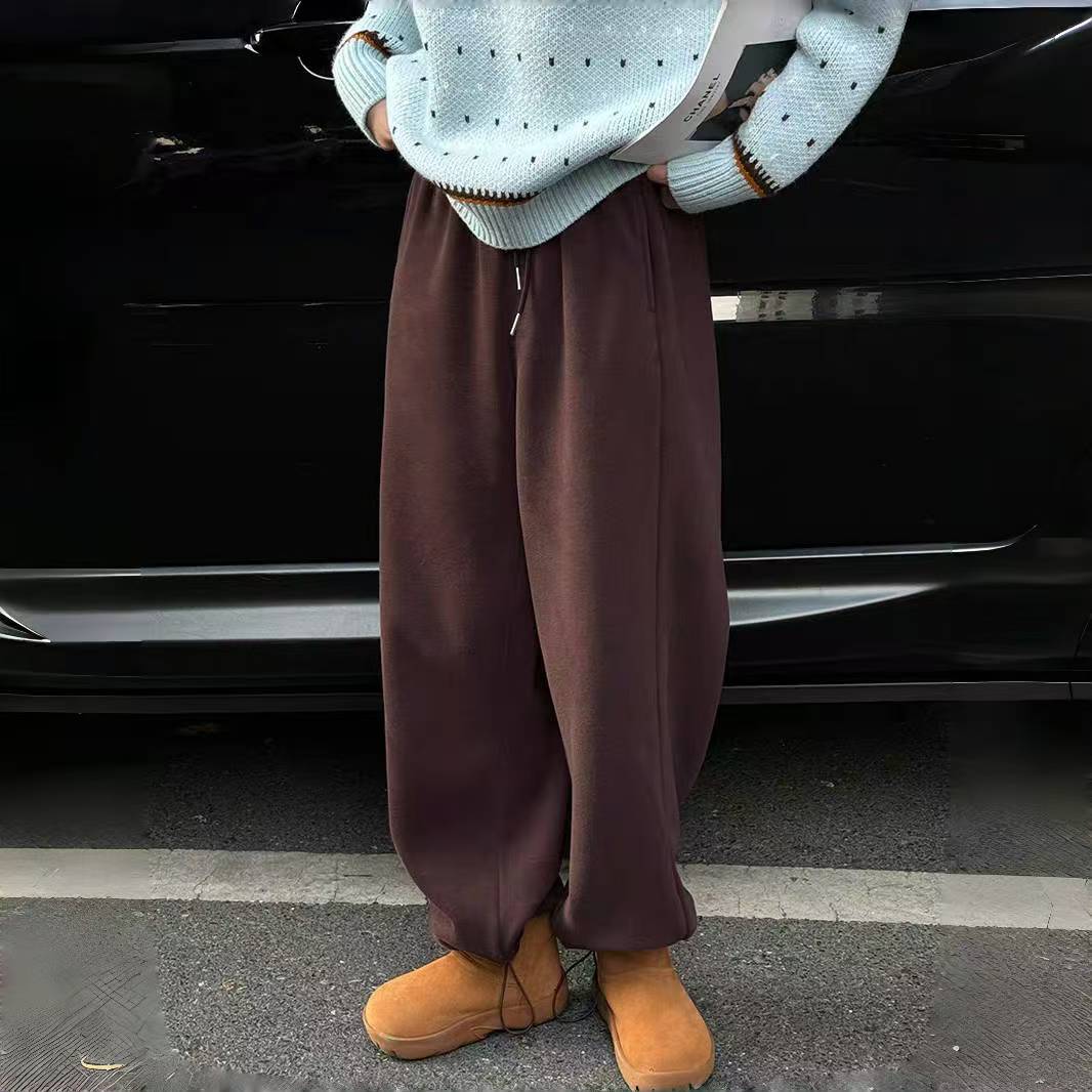 美拉德咖色加绒束脚卫裤