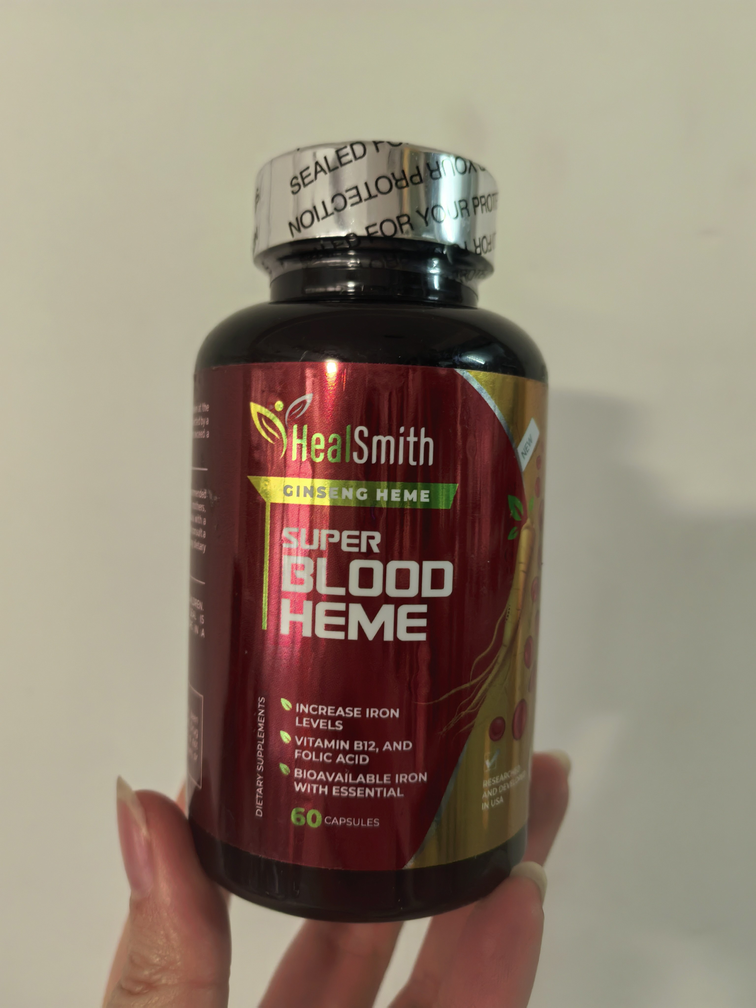 临期8月美国进口HealSmith人参肽补气血调理血红素铁胶囊60粒