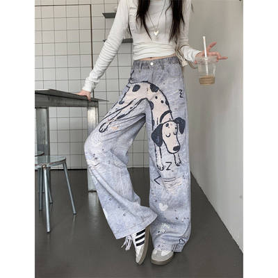 高腰休闲复古宽松小众手绘斑点狗牛仔裤女街头嘻哈涂鸦拖地阔腿裤
