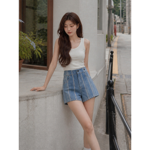 美式复古高腰竖条纹牛仔短裤女夏季休闲薄款宽松显瘦辣妹阔腿热裤