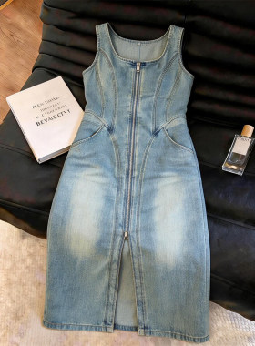 通勤夏季水洗做旧复古蓝色U型领牛仔背心裙女拉链无袖连衣裙长裙