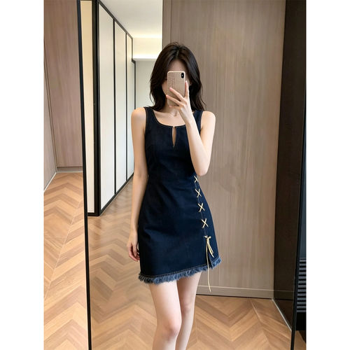 美式复古牛仔连衣裙女士夏季新款侧边绑带设计感修身显瘦辣妹短裙