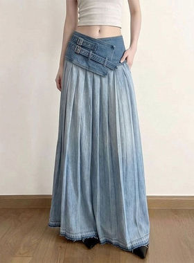 休闲高级感高腰褶皱女新款女气质显瘦长款A字裙百搭潮牛仔半身裙