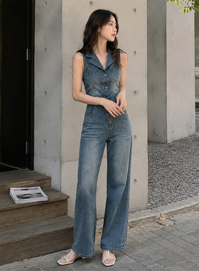韩系慵懒风翻领无袖连体牛仔裤女夏季薄款宽松遮肉显瘦百搭长裤子