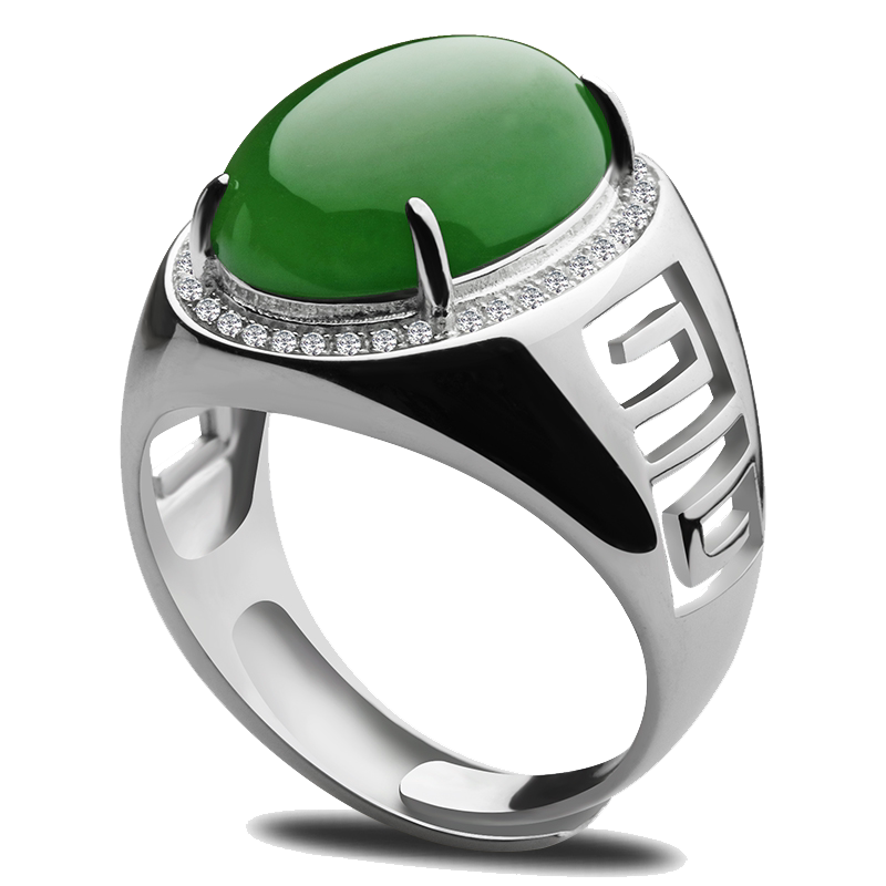 念玉珠宝18k白金镶玉戒指 和田碧玉男戒 男款镶钻指环大号带证书