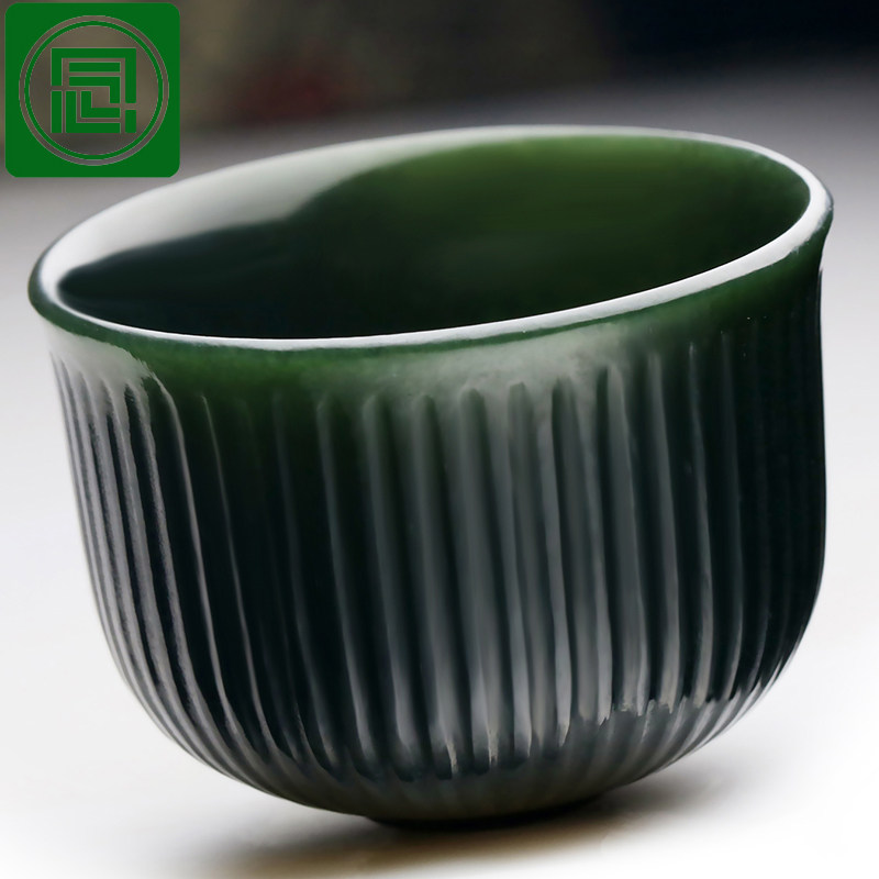 念玉新疆和田玉杯子玉石茶杯天然青玉酒杯超薄夜光杯齿纹杯单杯