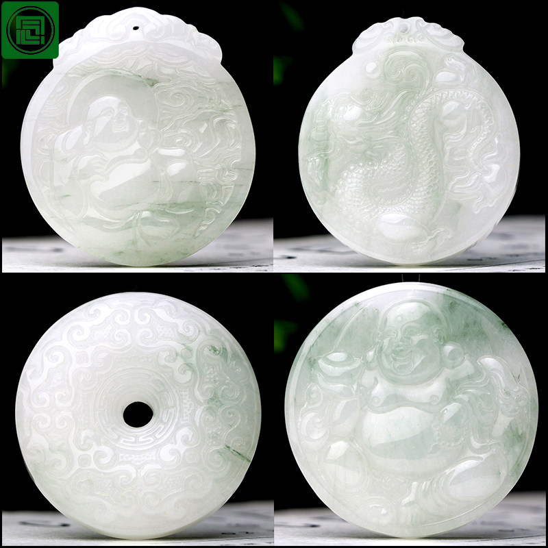 念玉天山翠挂件牌子笑佛游龙平安扣山水天然玉石吊坠翡翠色飘翠花