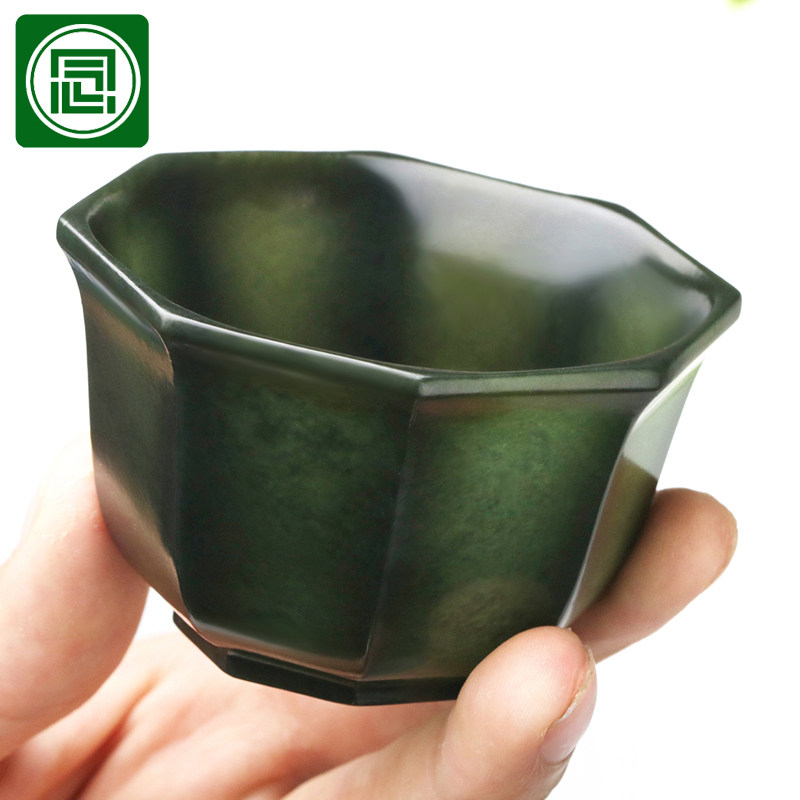 念玉新疆和田玉杯子玉石茶杯天然青玉酒杯超薄夜光杯八角杯单杯