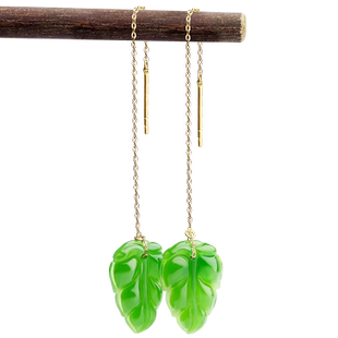 念玉和田玉耳坠天然碧玉耳线女款耳环耳饰树叶18K玫瑰金镶嵌保色