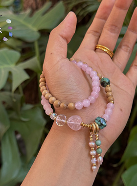 原创手作 粉水晶奶香木叠戴手串 个性小众设计师款按手围定制