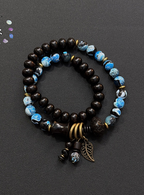 一安手作 原创手工黑檀木叠戴手串 蓝色中性国潮小众手链