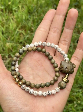 原创手作正品老绿檀星月菩提双圈叠戴手链 Hello Kitty 可爱手串