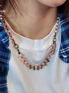 原创设计手工编绳串珠粉色天然石项链小众复古新中式项链