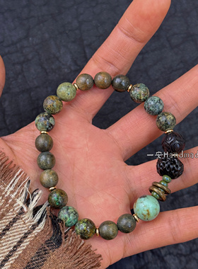 一安手作绿檀木天然松石手串个性复古手链中性手链