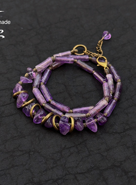 原创手工紫水晶编绳手链项链双用链 小众紫色项链