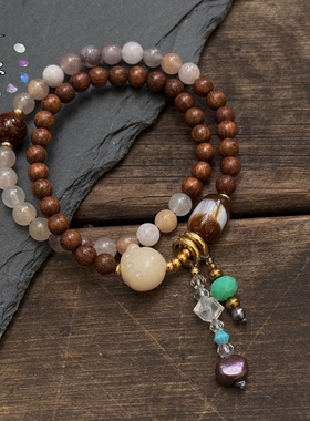 一安手作 金丝檀木天然石双圈手链 按手围定制