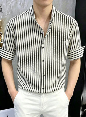夏季男士立领条纹透气短袖衬衫