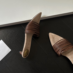 法式 一字半拖鞋 气质3.5cm露趾单鞋 休闲尖头拖鞋 女外穿时尚 羊皮版