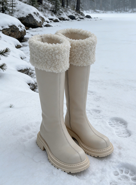 温柔气质~5cm厚底白色不过膝长靴女真皮粗跟长筒靴加厚毛毛骑士靴