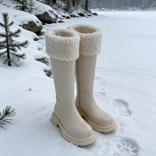 温柔气质 5cm厚底白色不过膝长靴女真皮粗跟长筒靴加厚毛毛骑士靴