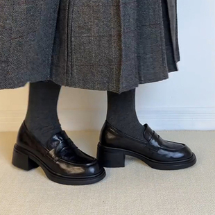 懒人小皮鞋 女百搭通勤一脚蹬单鞋 复古英伦圆头粗跟乐福鞋 牛皮版