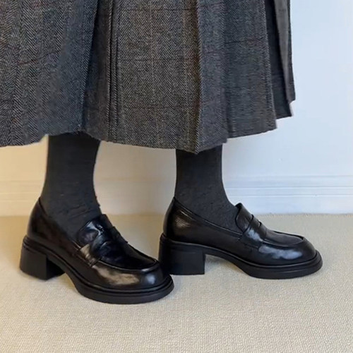 牛皮版！复古英伦圆头粗跟乐福鞋