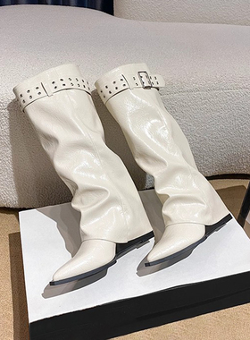 羊皮~尖头白色骑士靴女辣妹风皮带扣坡跟显瘦裤管靴不过膝长筒靴