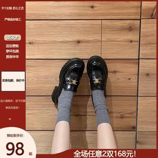 粗跟单鞋 女英伦风一脚蹬黑色小皮鞋 5.5cm厚底凯旋门乐福鞋 显腿长