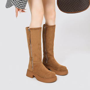 防风抗寒棉鞋 新款 高筒靴 英伦厚底粗跟大筒围雪地靴女冬季 羊毛版