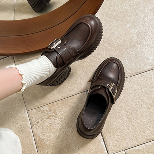 通勤一脚蹬单鞋 女英伦一字方扣小皮鞋 7.5cm厚底增高乐福鞋 牛皮版